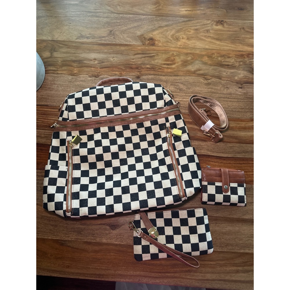 Checkered Canvas Backpack 3 Piece Set with Wristlet and Wallet Black White Brown